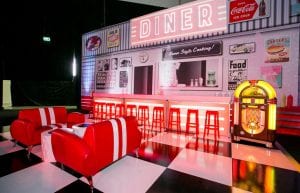 12m diner scene backdrop. red and white illuminated bar counter in front with red plastic ghost stools. black and white chequered dance floor with red retro sofas with white stripes