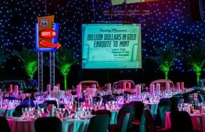 large 3d light up diner sign, audio visual screen for drive in cinema, palm trees, starcloths and diner tables