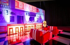 wurlitzer jukebox, 12m diner scene backdrop. red and white illuminated bar counter in front with red plastic ghost stools. black and white chequered dance floor with red retro sofas with white stripes