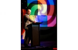 large hanging rubix cubes over stage at Crown perth. Colourful stage lighting