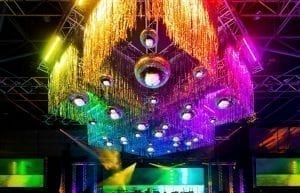 huge mirror ball tinsel curtain ceiling chandelier decor