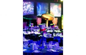 alice in wonderland gala dinner 3m themed backdrops hanging from wall, large 4m inflatable mushrooms, mad hatter hats on stands as centrepieces