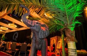 arabian nights themed event with elephant prop and large palm tree with uplighting