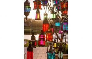 arabian nights theming with a selection of hanging lanterns at sunset