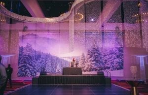 Winter Wonderland event theme with beaded chandelier, beaded curtains, winter wonderland backdrop, floor standing crystal trees, wireless parcan lights, beaded centrepieces and cocktail furniture for hire. Photo taken at Crown Towers Perth for for Christmas Party.