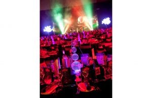 Space event theme with black drapes, illuminated led trees, tiered orb centrepieces and styling items for hire.