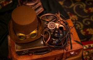 Steam Punk event theme with trunk, suitcases and styling props for hire.