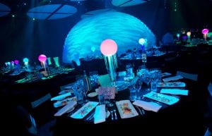 Under The Sea event theme with column temple set, King Neptune statue, giant inflatable jellyfish, inflatable ball bubbles, jellyfish orb centrepieces, illuminated led cocktail furniture, inflatable dome, inflatable chesterfield sofas, party event lighting and chair linen for hire.