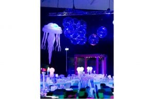 Under The Sea event theme with column temple set, giant inflatable jellyfish, inflatable ball bubbles, jellyfish orb centrepieces and chair linen for hire.