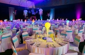 Under The Sea event theme with beaded curtains, Jetty Entry feature, giant inflatable jellyfish, inflatable starfish, inflatable fish, inflatable ball bubbles, jellyfish orb centrepieces, chair linen and chair bands for hire.