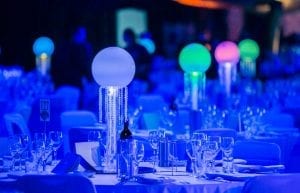 Under The Sea event theme with jellyfish orb centrepieces, chair linen and chair bands for hire.
