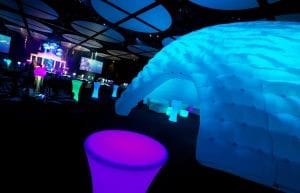 Under The Sea event theme with column temple set, King Neptune statue, giant inflatable jellyfish, inflatable ball bubbles, jellyfish orb centrepieces, illuminated led cocktail furniture, inflatable dome, inflatable chesterfield sofas and chair linen for hire.