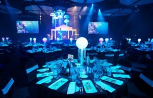 Under The Sea event theme with column temple set, King Neptune statue, giant inflatable jellyfish, inflatable ball bubbles, jellyfish orb centrepieces, illuminated led cocktail furniture, inflatable dome, inflatable chesterfield sofas, party event lighting and chair linen for hire.