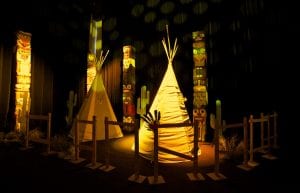 Wild West event styling theme with tee pee tents, fake fire, cactus props and grass rushes for hire