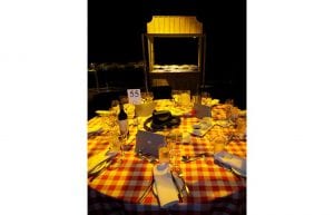 Wild West event styling theme with food hut furniture and table linen for hire.