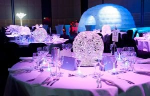 Winter Wonderland event theme with led light up trees, inflatable dome, led light up furniture, wicker ball centrepieces, and mirror centrepiece bases for hire.