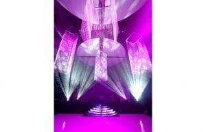 Winter Wonderland event theme with beaded chandelier, beaded curtains and light up led staircase for hire.