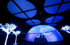 Winter Wonderland event theme with led light up trees, inflatable dome and led light up furniture for hire.