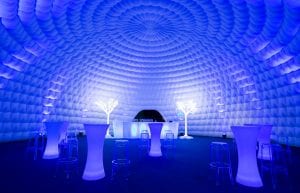 Winter Wonderland event theme with led light up trees, inflatable dome, led light up furniture, led light up bar and cocktail stools for hire.