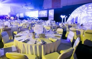 Winter Wonderland event theme with led light up trees, inflatable dome, led light up furniture, star cloth backdrop, crystal beaded chandelier, wicker ball centrepieces, and mirror centrepiece bases for hire.