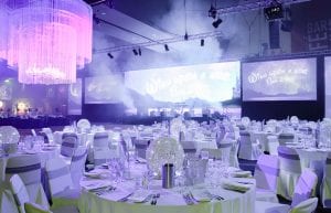 Winter Wonderland event theme with led light up trees, inflatable dome, led light up furniture, star cloth backdrop, crystal beaded chandelier, wicker ball centrepieces, and mirror centrepiece bases for hire.