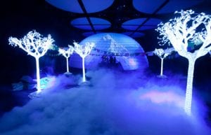 Winter Wonderland event theme with led light up trees, inflatable dome, led light up furniture and led light up bar for hire.