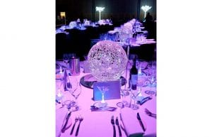 Winter Wonderland event theme with led light up trees, led light up furniture, wicker ball centrepieces, and mirror centrepiece bases for hire.