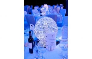 Winter Wonderland event theme with wicker ball centrepieces, and mirror centrepiece bases for hire.