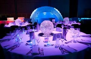 Winter Wonderland event theme with led light up trees, inflatable dome, led light up furniture, wicker ball centrepieces, and mirror centrepiece bases for hire.