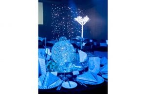 Winter Wonderland event theme with led light up trees, star cloth backdrop, wicker ball centrepieces, and mirror centrepiece bases for hire.