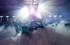 Winter Wonderland event theme with beaded chandeliers, beaded curtains, star cloth backdrop, led light up trees, centrepieces, chair covers and chair bands for hire.