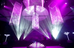 Winter Wonderland event theme with beaded chandelier, beaded curtains and light up led staircase for hire.